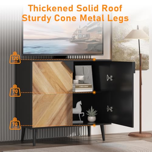 Garvee Modern Storage Free Standing Accent Cabinet, Buffet Cabinet with Doors, Wood Finish Sideboard Buffet with Storage for Dining Room, Entryway, Black+Walnut Grain, 31.5 Inch