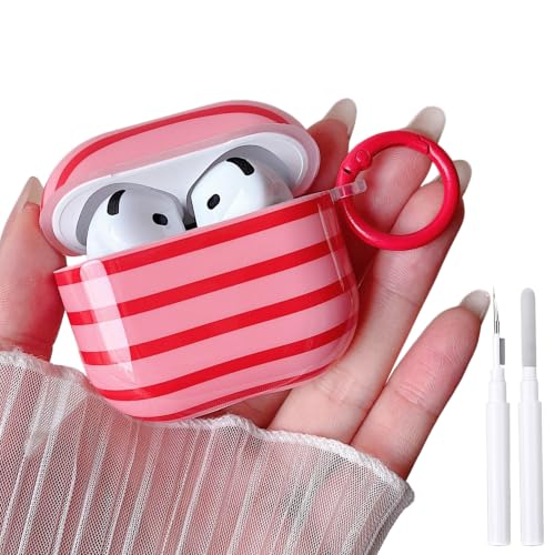 Image of MINSCOSE for AirPods 4 Clear Case,Cute Stripes Aesthetic Pattern Design with Trendy Keychain Ring,Soft TPU Anti-Drop Shockproof Protective Cover with Cleaner Kit for Girls Women-Red