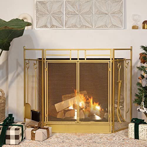Image of Barton 48 inch Fireplace Screen 3-Panel Folding Magnetic Doors with 4-Pieces Fire Place Tools Set Steel Fire Spark Guard, Gold