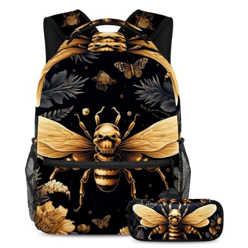 Sac à dos rose et tête de mort pour ranger grands cahiers et trousse