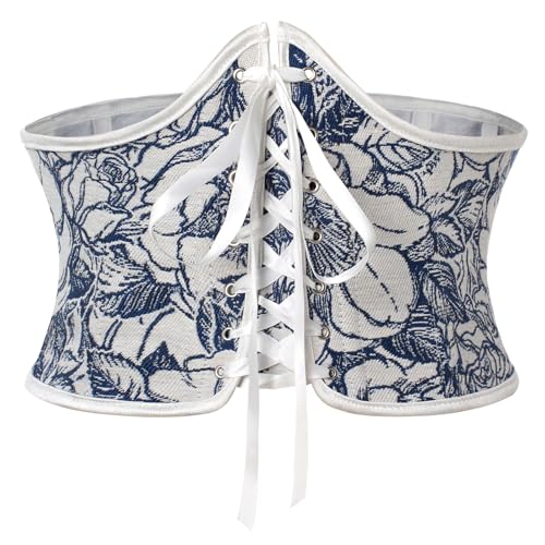 Image of Scarlet Darkness Corset Belt for Women Renaissance Lace up Corset Floral Wide Waist Belts White Blue Floral Size 8