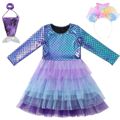 Disfraz de sirena para niña, disfraz de sirena para niños, vestido de princesa de sirena, con cintas para la cabeza y mochila escolar, disfraz de sirena para niños, para carnaval, Halloween, cosplay,