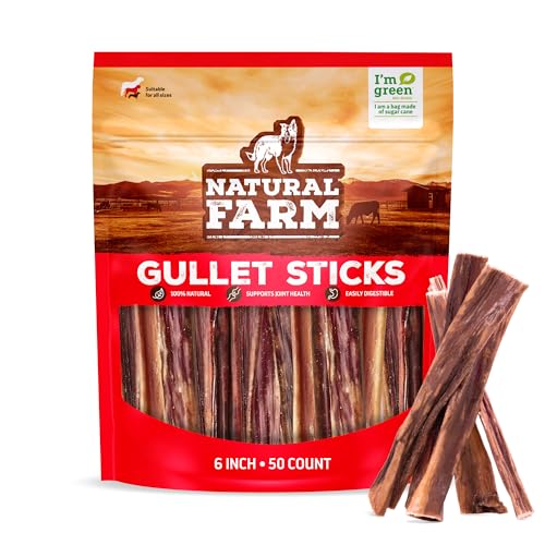 Natural Farm Gullet Sticks (6 Inch 50 Pack) - One Ingredient Beef Esophagus Chews - Fully Digestible Promotes Joint & Dental Health for Pups Small & Senior Dogs