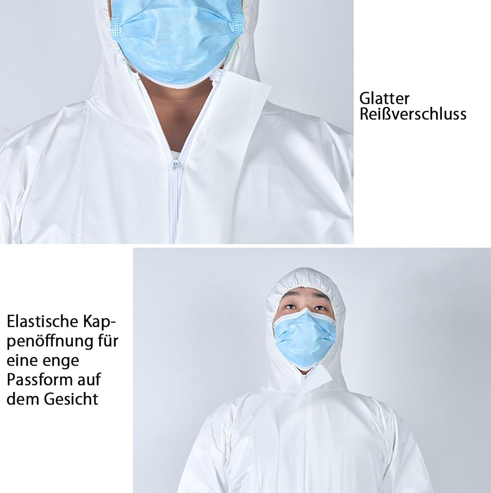 Einweg-Arbeitsanzüge,Körper Anzug Set,Schutzanzug Mit Kapuze,Laboroveralls Kittel,Maleranzug,Arbeits-Coverall-gegen Chemikalien & Partikel,Unisex,Staubdicht,Wasserdicht-5pcs 50g||175cm