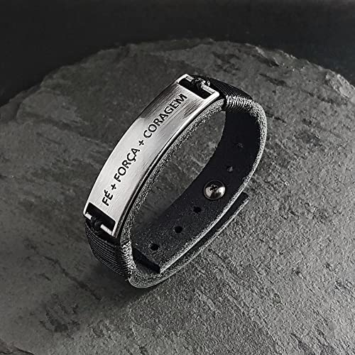 Pulseira Masculina De Couro Fé Força Coragem