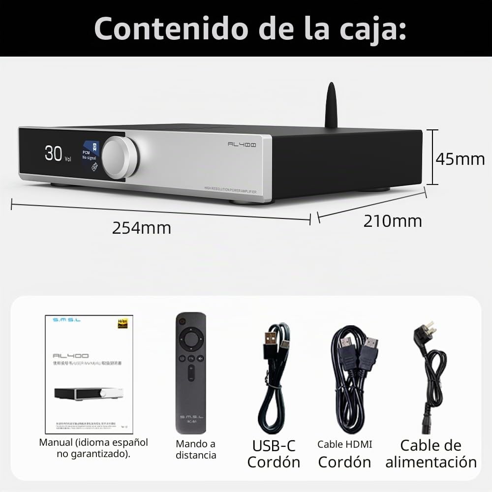 SMSL AL400 - Decodificador de alta fidelidad todo en uno, preamplificador/amplificador de potencia Phono, chip CS43131, para cartucho MM y MC, RCA/BT/USB/Opt/Coax/HDMI eARC/Phono, entrada de