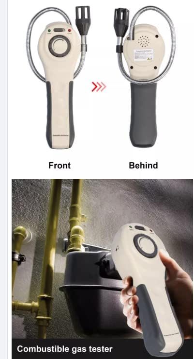Labeled diagram of VIHELM GM8800A gas detector components including sensor, warning light, ready indicator, slide switch, headphone jack, sensitivity adjustment, battery door, and handle.