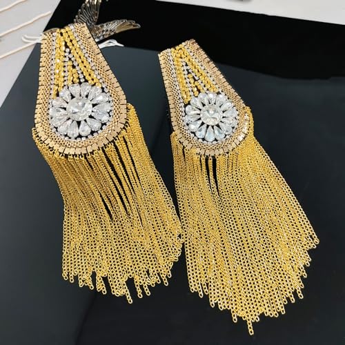 Image of Fashion rhinestone metal tassel epaulettes stage catwalk clothes accessories shoulder pad badge suit outer dress epaulettes DIY clothing accessories pins for men and women (one pair)