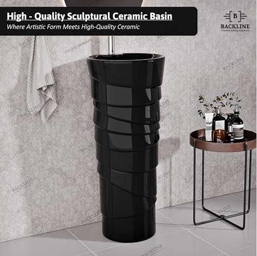 Image of Backline Ceramic Pedestal Wash Basin for Bathroom | Free Standing Pedestal Basin for Bathroom /Office /Living Room /Restaurant | Black Glossy Finish (38.5 X 38.5 X 86 Cm)(7 Years Glaze Warranty)