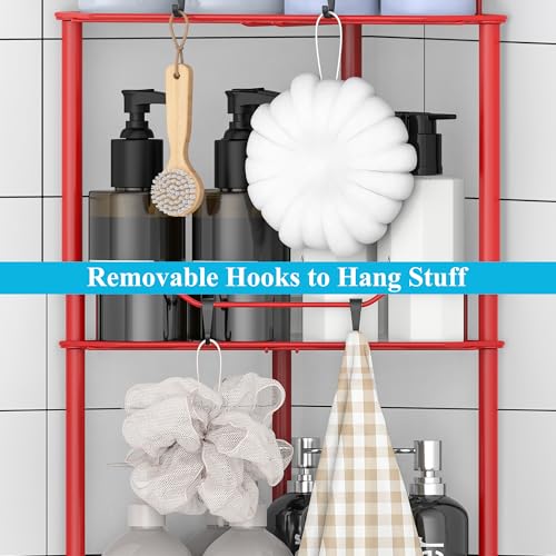 Image of HuggieGems 3 Tier Floor Standing Corner Shower Caddy Organizer Shelf with Hooks, Bathroom Shelves Stand Rack, Red