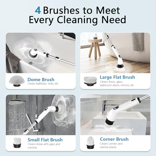 TUYU Electric Spin Scrubber, Full-Body IPX7 Waterproof Bathroom Scrubber with Power LCD Display, Adjustable Extension Handle, Cordless Shower Cleaner Brush for Bathtub Kitchen Wall Cleaning by TUYU - Image 3