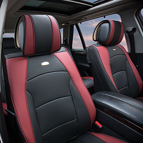 Image of FH Group Ultra Comfort Highest Grade Faux Leather Full Set Cushion Pads Car Seat Covers for Front and Rear- Universal Fit for Cars Trucks & SUVs (Burgundy /Black)