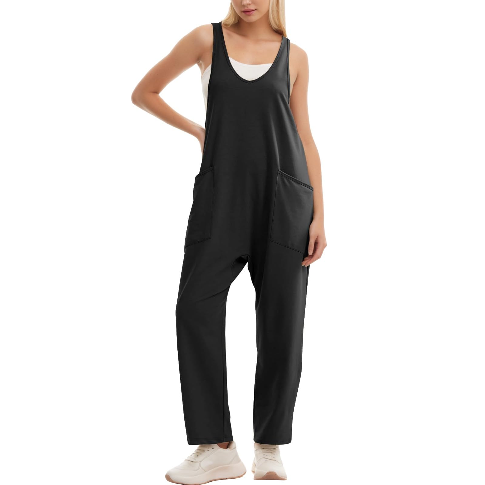 Litthing Salopette Femme Ample Combinaisons sans Manches avec Poches Lâches Salopette de Travail Femme Larges Bretelles Décontractée Combishort D'été