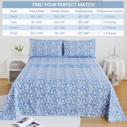 Image of Mooreeke Cozy Vintage Microfiber Printed Twin Sheet Set - Soft & Breathable Blue Paisley Bed Sheets with Extra Deep Pocket - Non-Slip Fitted Design - Blue Flower Pattern - Twin