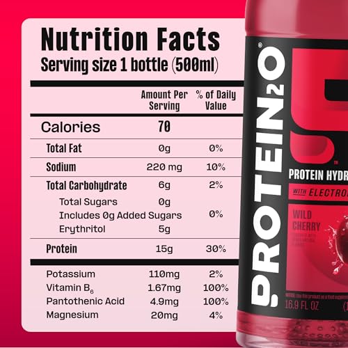 Image of Protein2o Hydration Drink - 2-in-1 Liquid Clear Whey Protein Isolate and Electrolyte Drink - 15g Protein,Vitamins B5,B6 - Post-Workout Recovery - 16.9 Fl Oz - Wild Cherry,(Pack of 24)