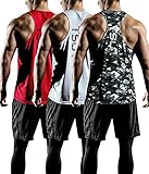 TSLA Men's Dry Fit Y-Back Muscle Workout Tank Tops, Athletic Training Gym Tank Top, Sleeveless Bodybuilding Shirts, Y-Back 3pack Camo Black/White/Red, Large