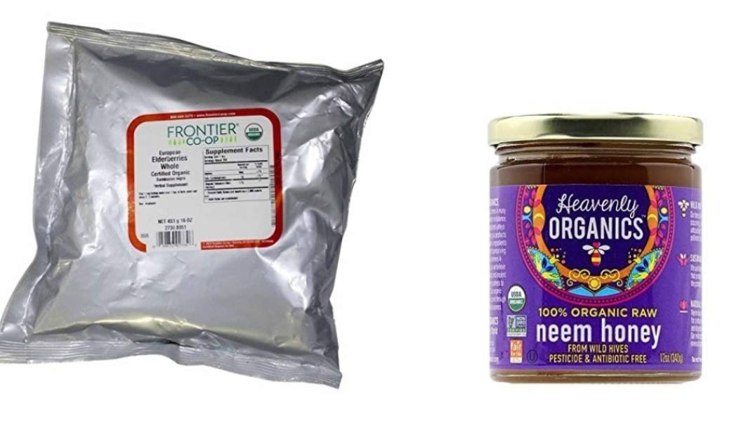 Frontier Elderberries Whole Organic 1 lb and Heavenly Organics 100% Organic Raw Neem Honey (12oz)