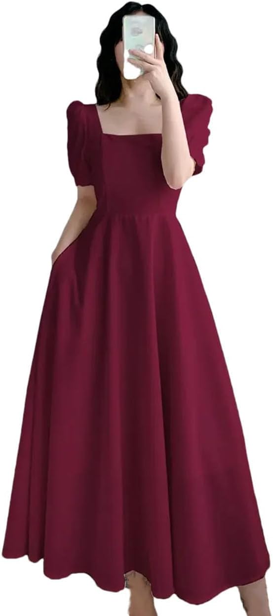 Women's Square Collar Dress Waist-Fitted Long Dress Slimming Effect Women Dresses