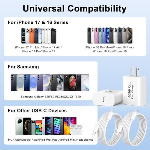 Image of iPhone 17 Pro Max Charger Fast Charging,[Apple MFi Certified] 2 Pack 40W USB C Fast Charger Block with 10FT Type C Charging Cable Cord for iPhone 17 /17 Pro /17 Pro Max /Air /16 /16 Pro /16 Plus /15