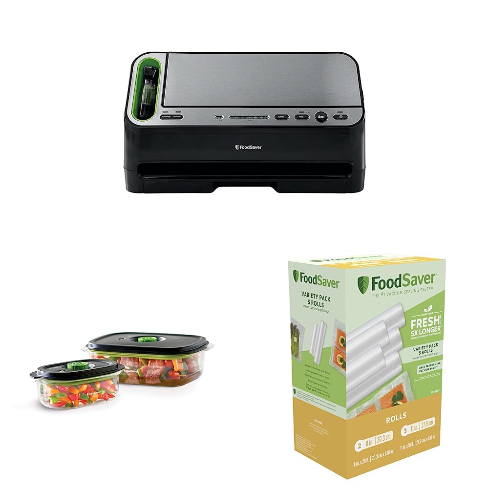 FoodSaver V4400 2-in-1 Vacuum Sealer Machine, Black and Silver &amp; 2116382 Preserve &amp; Marinate Vacuum, Clear (Count-2) &amp; Vacuum Sealer Bags, 8" (2 Pack) and 11" (3 Pack) Multipack