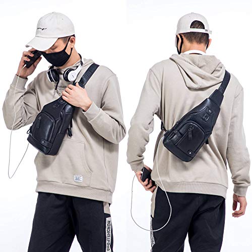 Bullcaptain Leather Sling Bag Mens Chest Bag Casual Shoulder Crossbody Bags Travel Hiking Backpacks Daypack With Usb Charging Port (Black) #TOP6