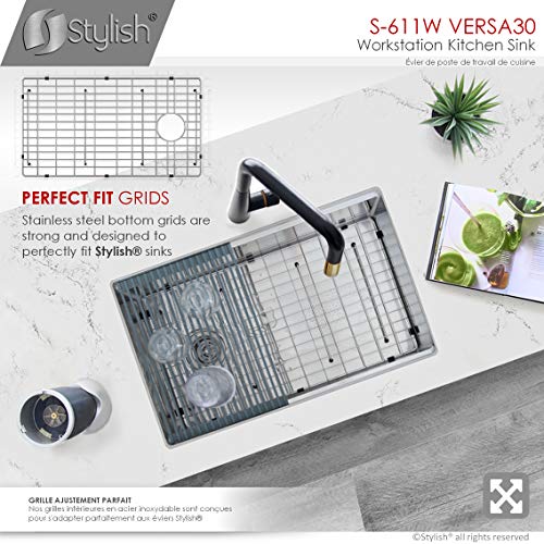 Stylish 30 x 19 Inch Workstation Sink 16G Stainless Steel Reversible 10 Inches Deep Single Bowl Undermount Kitchen Sink with Grid Basket Strainer Drying Rack Colander and Cutting Board, S-611W by Stylish - Image 6