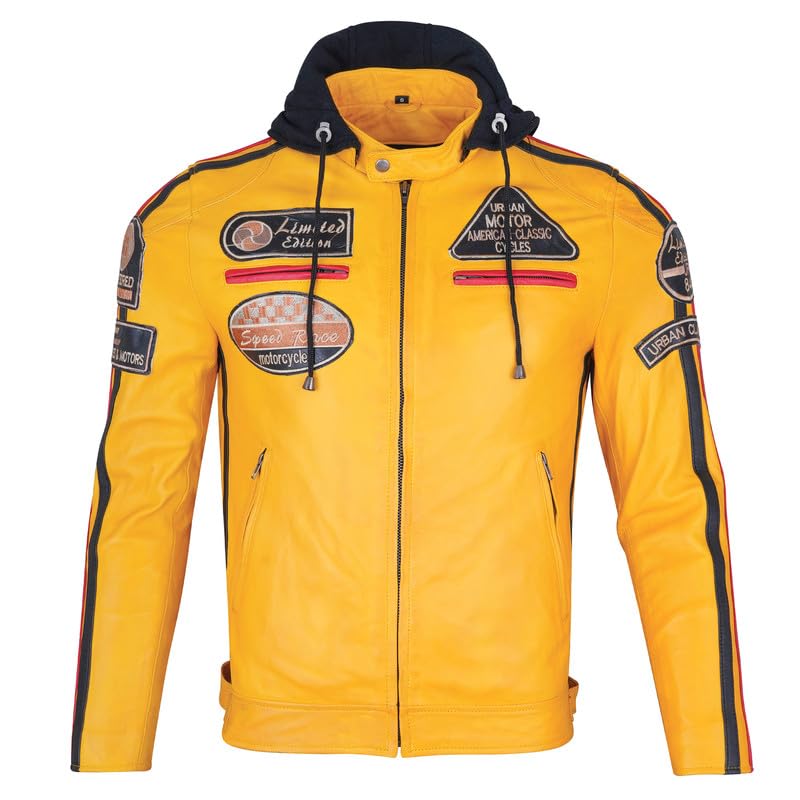 URBAN 5884 58-Gents skórzana kurtka motocyklowa, całkowicie zdejmowane ochraniacze, Żółty, 5XL