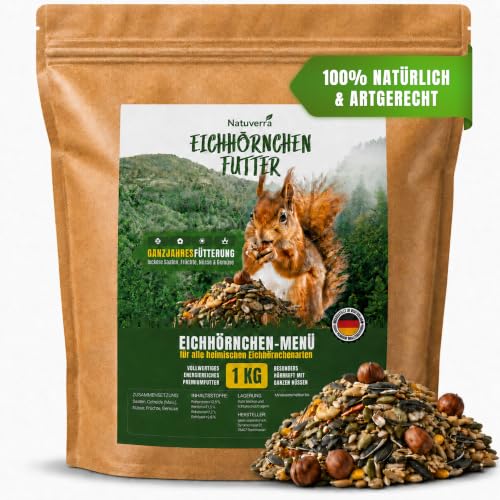 Natuverra Eichhörnchen Futter 1 kg | artgerecht & ausgewogenes Ganzjahres-Futter | Nussmischung mit Nüsse für Eichhörnchen & Streifenhörnchen | ideal fürs Futterhaus und Futterstation | mit Haselnüsse