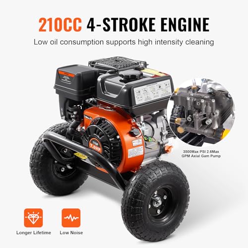 Image of VEVOR Gas Pressure Washer, 3500 PSI 2.6 GPM, Gas Powered Pressure Washer with Aluminum Pump, Spray Gun and Extension Wand, 5 Nozzle Set, for Cars, Fences, Homes, Driveways, Patios Furniture Horizontal