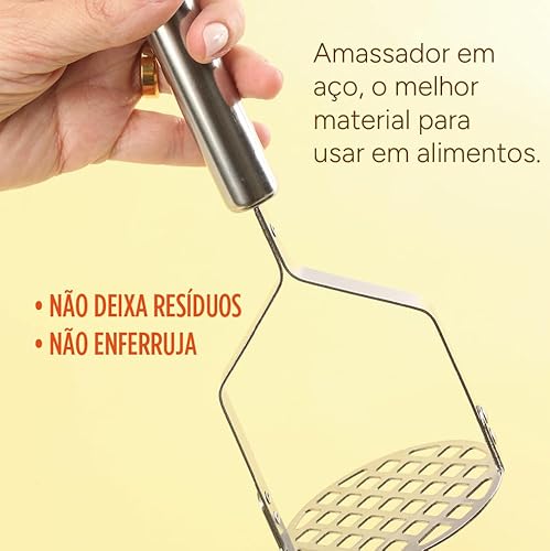 Amassador de Batata 24cm Inox Manual Cabo Reforçado Multiuso Espremedor Cozinha Aco Inoxidável