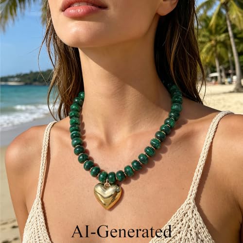 Ritach Chunky Beaded Necklaces for Women, Heart Statement Necklace Green — view 3