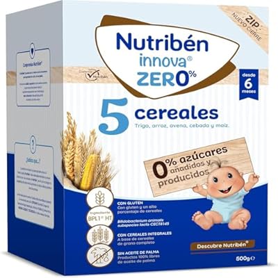 Nutribén innova ZERO 0% 5 Cereales 500g Trigo Arroz Avena Cebada y Maiz Bebés a Partir de 6 Meses 0% Azúcares Añadidos y producidos Cereales Integrales