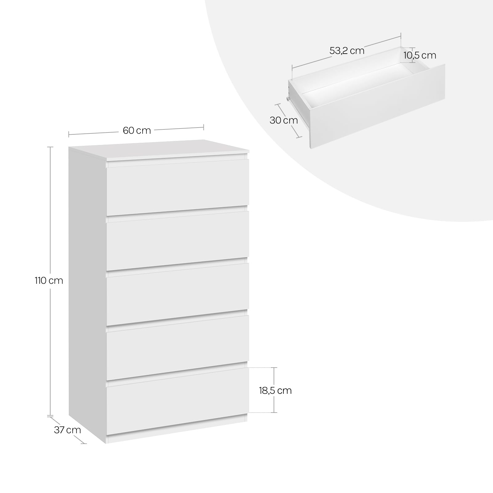WOLTU Cassettiera Camera da Letto con 5 Cassetti Bianca, Mobiletto Salvaspazio in Stile Moderno, per Soggiorno Ingresso, 60x37x110 cm, in Legno, KMD006ws