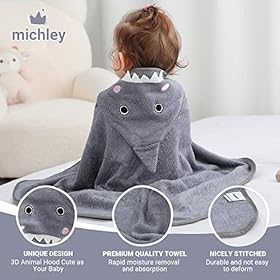 MICHLEY Bamboo Viscose Baby Hooded Bath Towel for Boys and Girls, 29.5 x 29.5 Inch Ultra-Soft and Quick-drying Infant Bathrobe (Shark) 51OUnIH7AeL. SS280