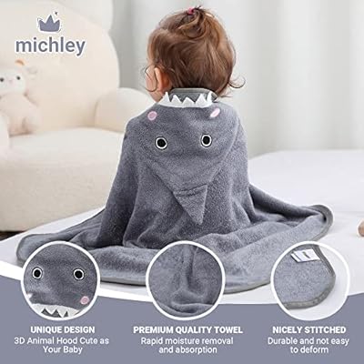 MICHLEY Bamboo Viscose Baby Hooded Bath Towel for Boys and Girls, 29.5 x 29.5 Inch Ultra-Soft and Quick-drying Infant Bathrobe (Shark) 51OUnIH7AeL. SS400