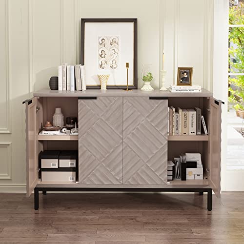 Hlr 47" Buffet Cabinet With 4 Doors & Shelves, Farmhouse Sideboard Wood Accent Cabinet Gray Storage Cabinet With Metal Legs For Dining Living Room,Entryway, Hallway & Office #TOP4