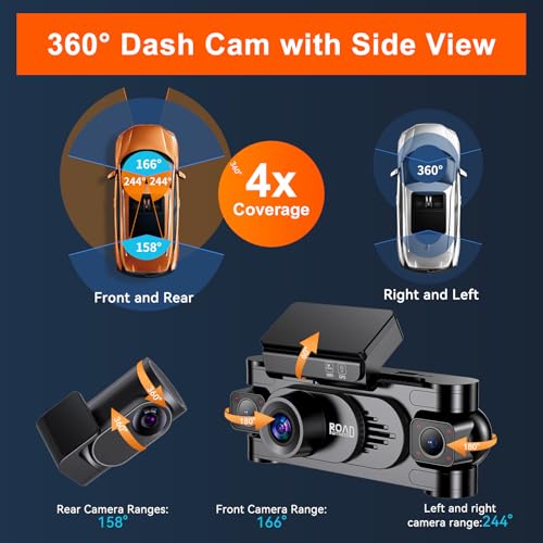 4K 360° DashCam for Cars,4 Channel Car Dash Cam Front and Rear Inside with 128GB Card Included,Voice Control,5.8G WiFi GPS,IR Night Vision, G Sensor, 24/7 Parking Mode &Loop Recording Dash Camera - Image 4