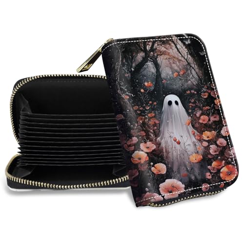 Credit Card Holder with Zipper, Slim RFID Blocking Card Wallet for Women Men Forest Ghosts Design PU Leather Small Accordion Card Case Wallet, ID Card Organizer, Pocket Business Card Case