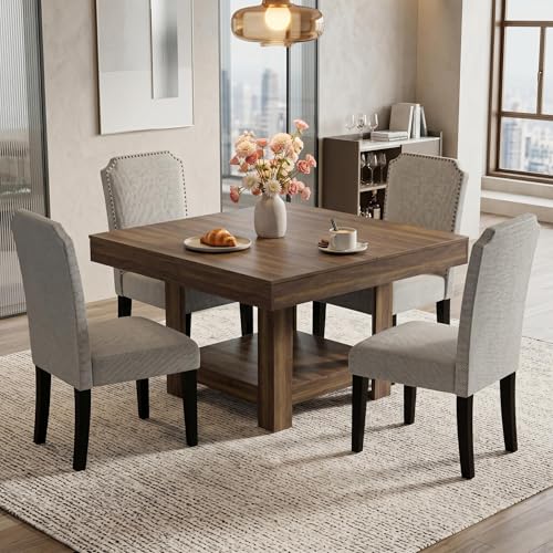 Image of Garvee Square Dining Table for 4-6, 47.2 inch Kitchen Table with 2-Tier Storage Shelf, Modern Black Walnut Waterproof Dining Room Table, Heavy Duty 350Lbs Capacity with Anti-Wobble Triangle Legs