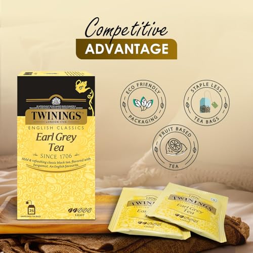 Image of Twinings Earl Grey Tea, 25 Tea Bags| Pack of 1| English Classic Range| Premium Black Tea| Light Strength| With Citrusy Notes of Bergamot|Mild & Refreshing Flavour| Enjoy as Hot or Iced Tea