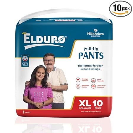 ELDURO Premium Unisex Adult Pant Diapers, XL Size 100-150Cm (40''-59''), 10 Count, Wetness Indicator, Leakproof, 14 hrs Overnight Protection, With Aloe Vera, Pack of 1