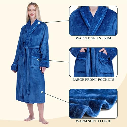 Image of PAVILIA Women's Plush Fleece Robe, Soft Cozy Long Bathrobe with Satin Waffle Trim, Warm Lightweight, Pockets & Tie Belt