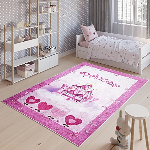 TAPISO Emma Teppich Waschbar bei 30 Grad Rosa Schloß Prinzessin Herzen bedruckter Kinderteppich...
