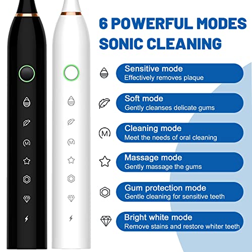 Image of Electric Toothbrush with 8 Brush Heads, 42000vpm 6 Modes IPX7 Waterproof, Soft Electric Toothbrush for Adults - 2 Pack, Black+White
