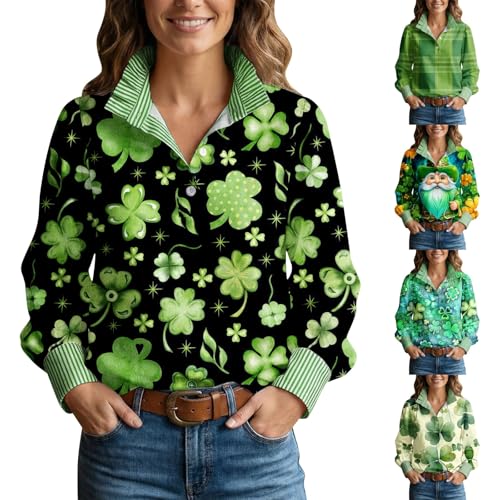HUIFUAO - Camisetas divertidas de trébol para mujer, diseño de trébol de San Patricio, de manga larga, con botones de trébol de Irlanda verde, cuello alto, cuello alto, camisa de moda para fiestas