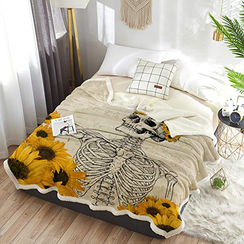 T&H Xhome Sherpa Fleece Throw Blanket Cozy Soft Warm Bed Blankets,Vintage Skull Sunflower Music Note Pattern Fuzzy Plush Microfiber Lightweight Blankets All Season For Couch Sofa 40X50In #TOP5