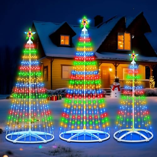 3-Pack Outdoor Lighted Christmas Trees with Remote Control - 5ft 6ft 7.5ft LED Cone Tree Lights 8 Lighting Modes IP65 Waterproof Timer & Dimming Function for Home Holiday Christmas Decor