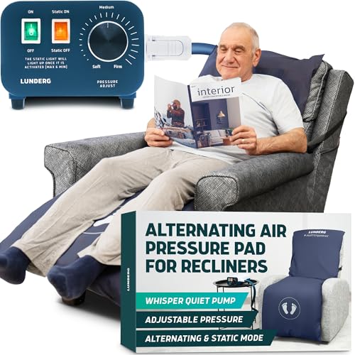 Lunderg Alternating Air Pressure Pad for Recliner Chair - Pressure Relief Cushion Topper for Recliner - Bed Sore Prevention - Medical Grade Mattress Pad, Cover & Quiet Pump - Home or Hospital (Blue)