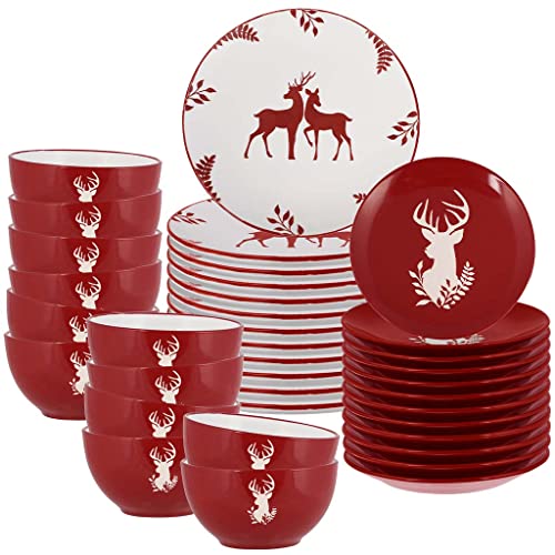 36 Piece Red Reindeer Stoneware Dinner Set - Dishwasher Microwave Safe