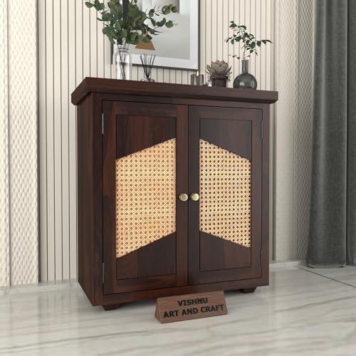 Image of Solid Sheesham Wood Sideboard Cabinet for Living Room | Wooden Storage Cabinet with 2 Designer Cane Doors & Shelf | Modern Geometric Rattan Sideboard for Home (Walnut Finish)